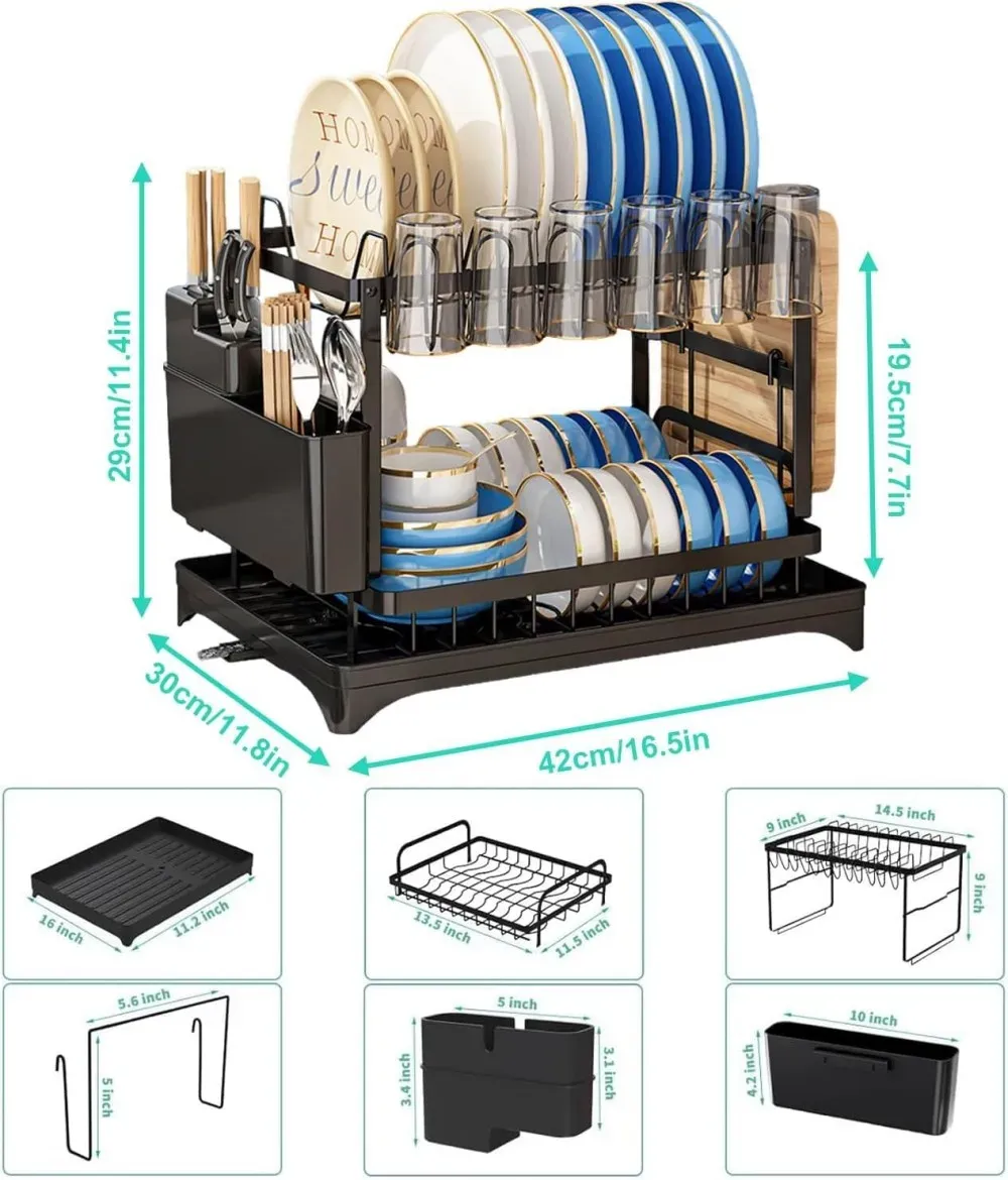 Égouttoir à vaisselle 2 niveaux en acier inoxydable avec bac de récupération, organisateur de rangement pour vaisselle de cuisine 4