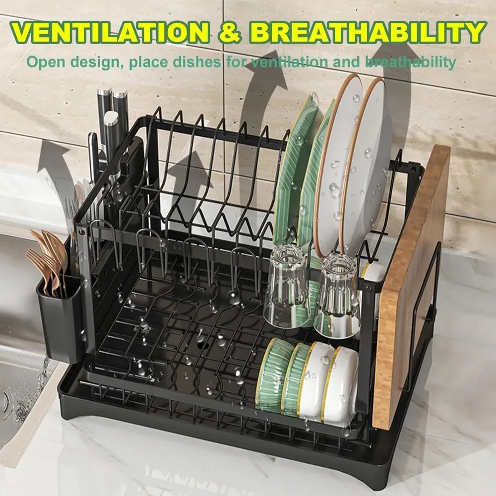 Égouttoir à vaisselle 2 niveaux en acier inoxydable avec bac de récupération, organisateur de rangement pour vaisselle de cuisine 5