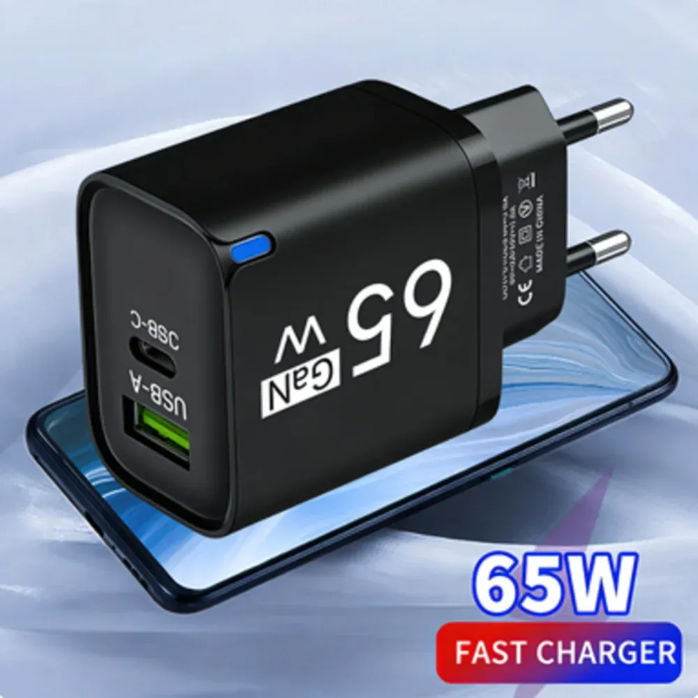 Chargeur mural GaN USB-C 65 W à charge rapide compatible iPhone, Samsung, Xiaomi, Huawei, Honor et OnePlus