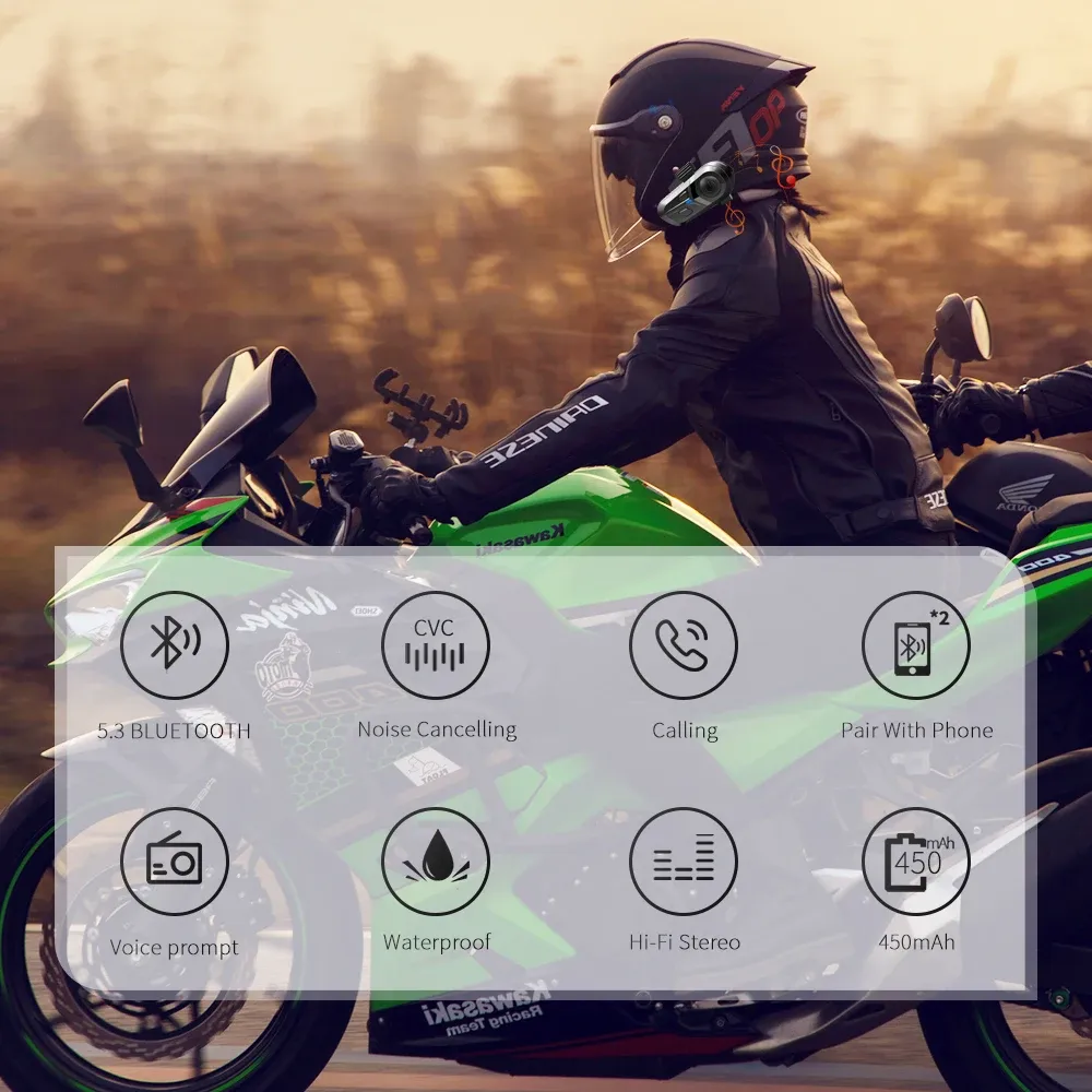 Casque Bluetooth 5.3 pour moto, étanche et sans fil, avec mains libres, appels téléphoniques et lecture de musique 3