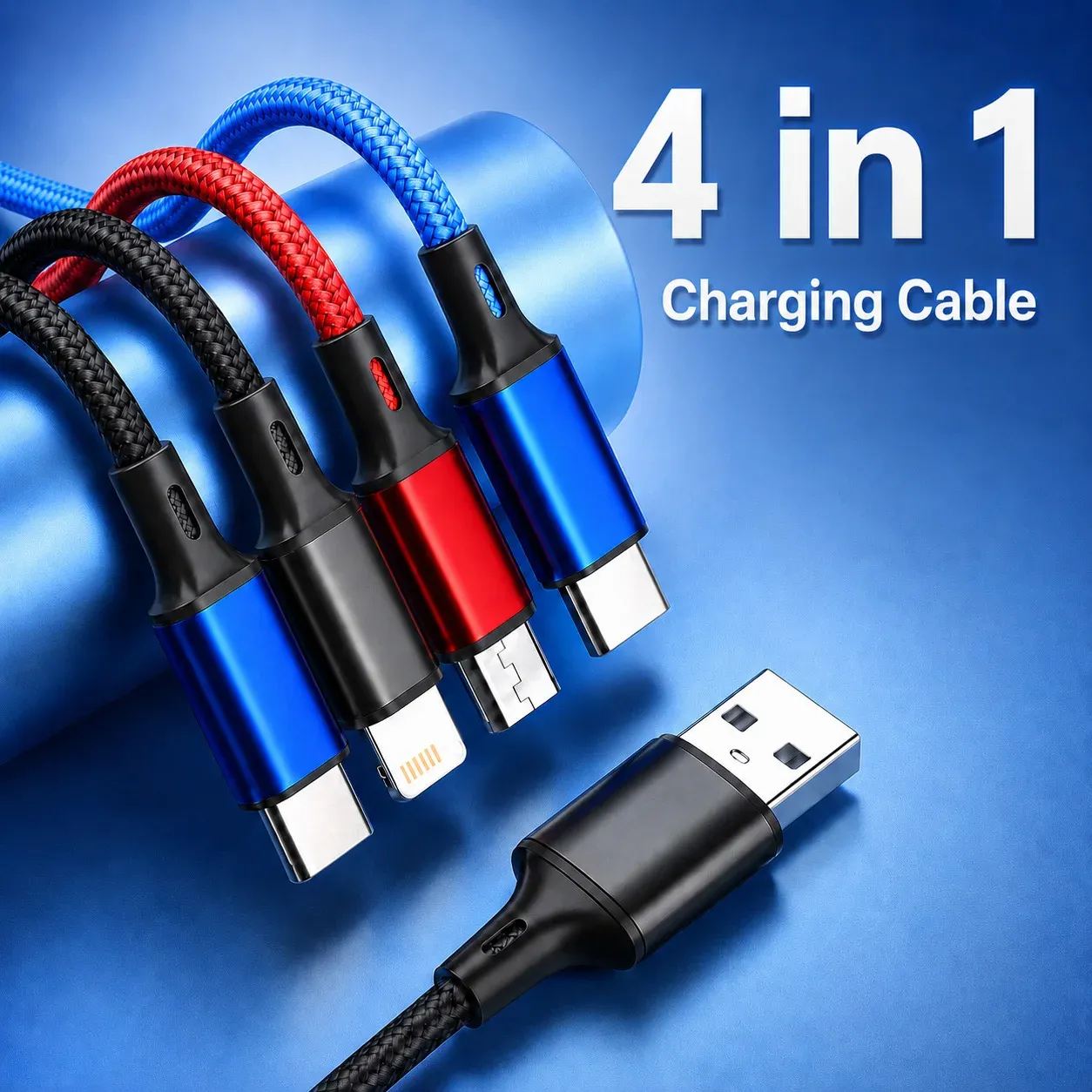 Câble de charge multi-embout 4 en 1, chargeur rapide 3A, câble USB tressé en nylon, USB-C, Micro USB et Lightning pour iPhone, Samsung, Huawei, Android 1