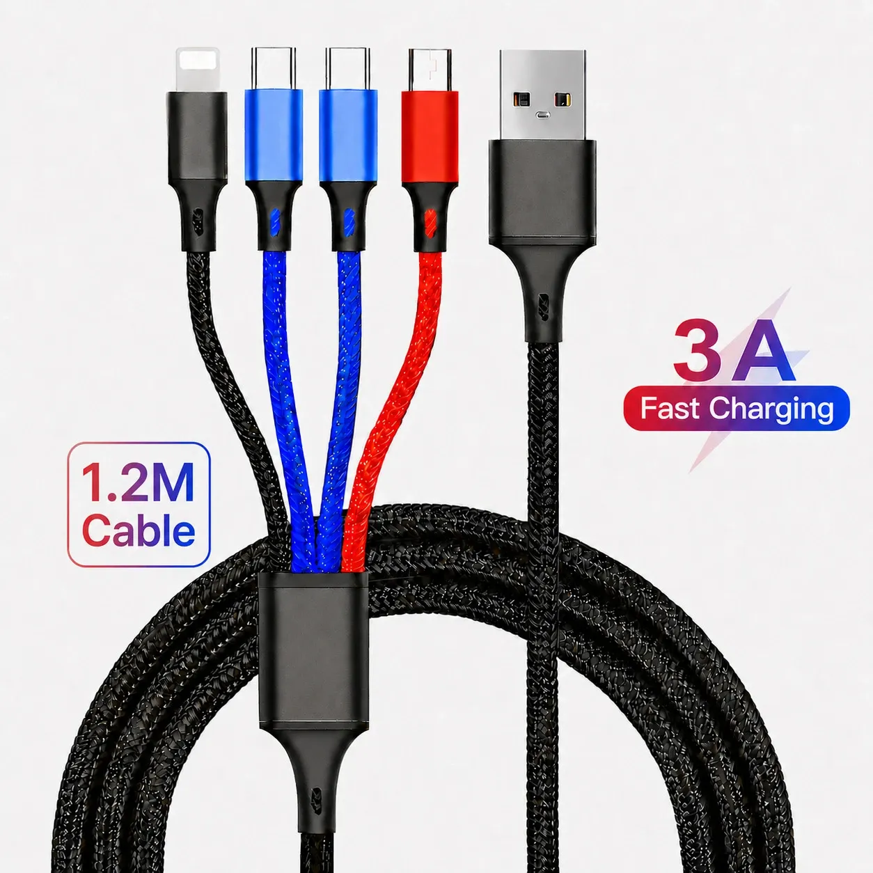 Câble de charge multi-embout 4 en 1, chargeur rapide 3A, câble USB tressé en nylon, USB-C, Micro USB et Lightning pour iPhone, Samsung, Huawei, Android 2