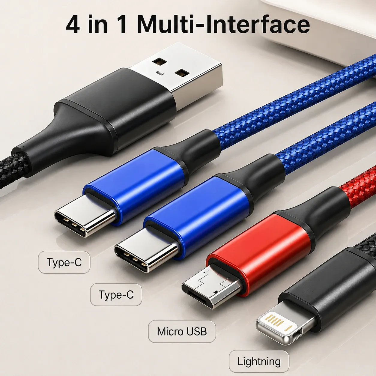 Câble de charge multi-embout 4 en 1, chargeur rapide 3A, câble USB tressé en nylon, USB-C, Micro USB et Lightning pour iPhone, Samsung, Huawei, Android 4