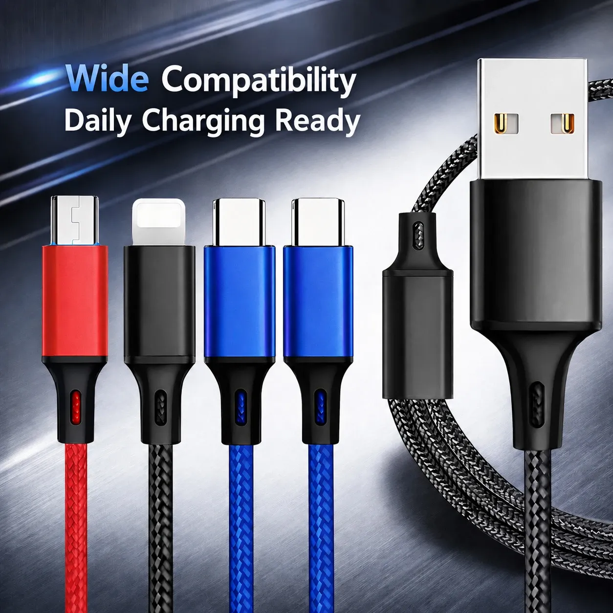 Câble de charge multi-prise 4 en 1 finition tressée