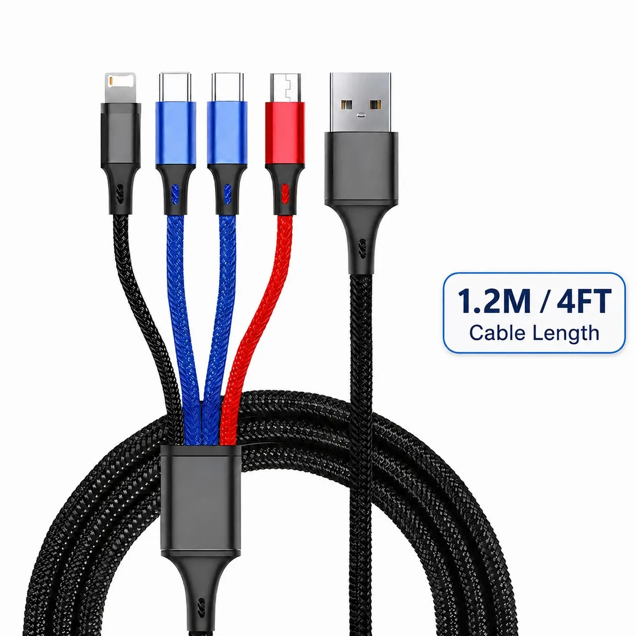Câble de charge multi-embout 4 en 1, chargeur rapide 3A, câble USB tressé en nylon, USB-C, Micro USB et Lightning pour iPhone, Samsung, Huawei, Android 7