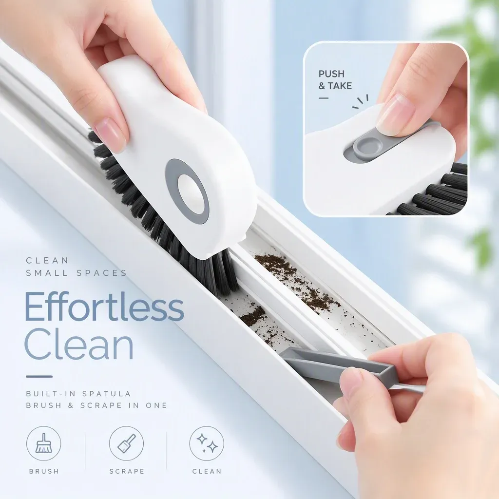 Brosse de nettoyage 2 en 1 pour rainures de fenêtres et de portes, idéale pour les rails de portes coulissantes et les interstices de plancher 4