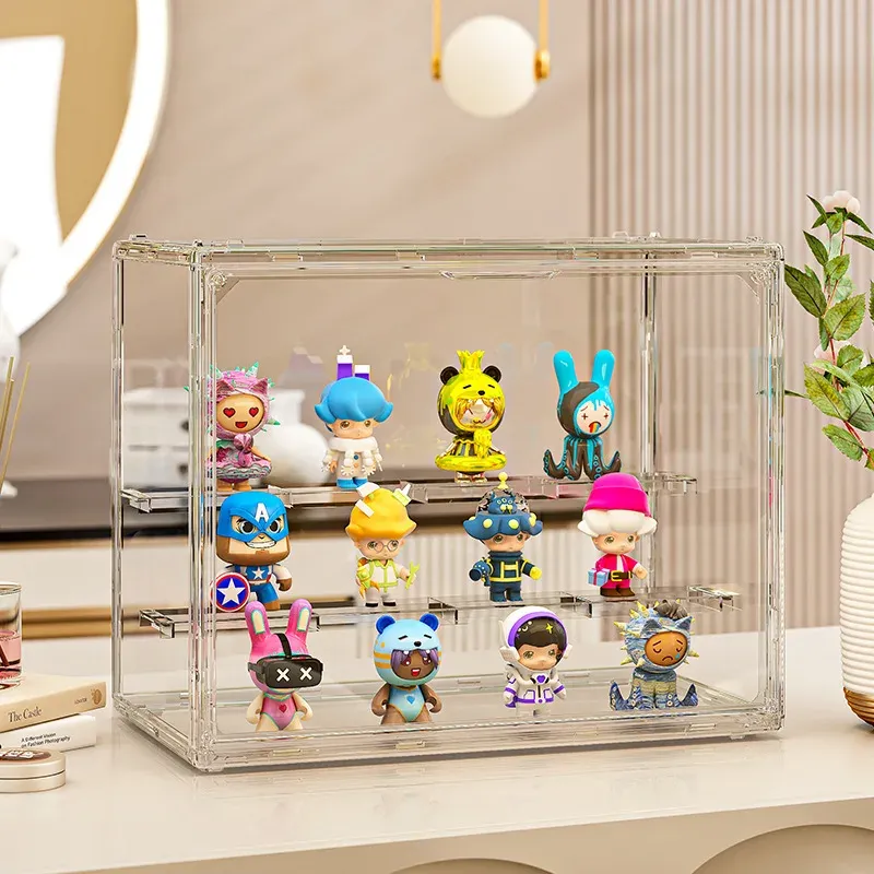 Vitrine de rangement en acrylique à trois niveaux pour boîtes mystères, figurines de collection et figurines d'action, organisateur de bureau 2