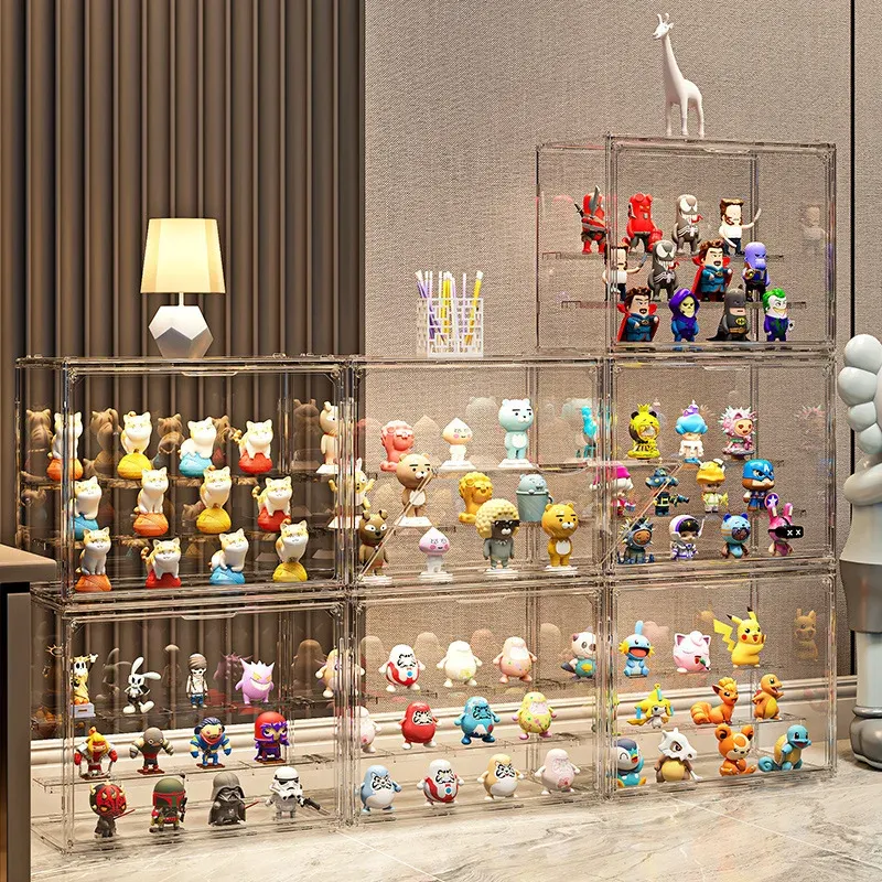 Vitrine de rangement en acrylique à trois niveaux pour boîtes mystères, figurines de collection et figurines d'action, organisateur de bureau 3