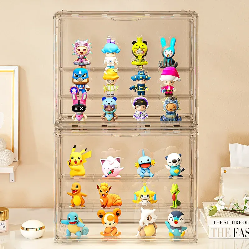 Vitrine de rangement en acrylique à trois niveaux pour boîtes mystères, figurines de collection et figurines d'action, organisateur de bureau 4