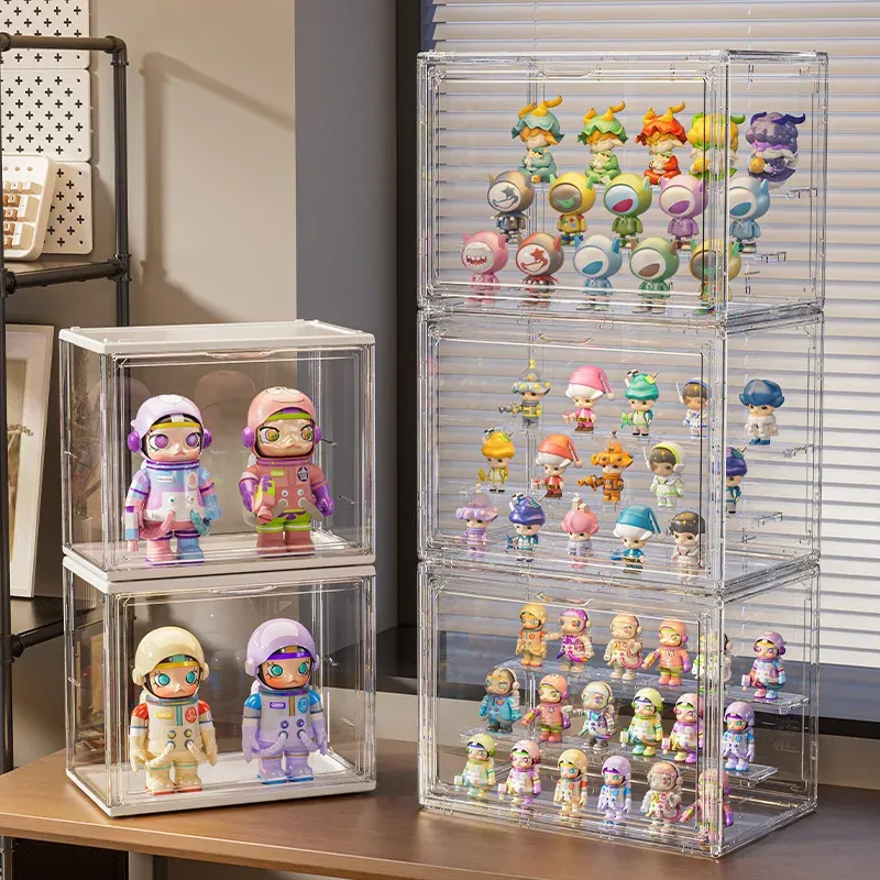 Vitrine de rangement en acrylique à trois niveaux pour boîtes mystères, figurines de collection et figurines d'action, organisateur de bureau 5