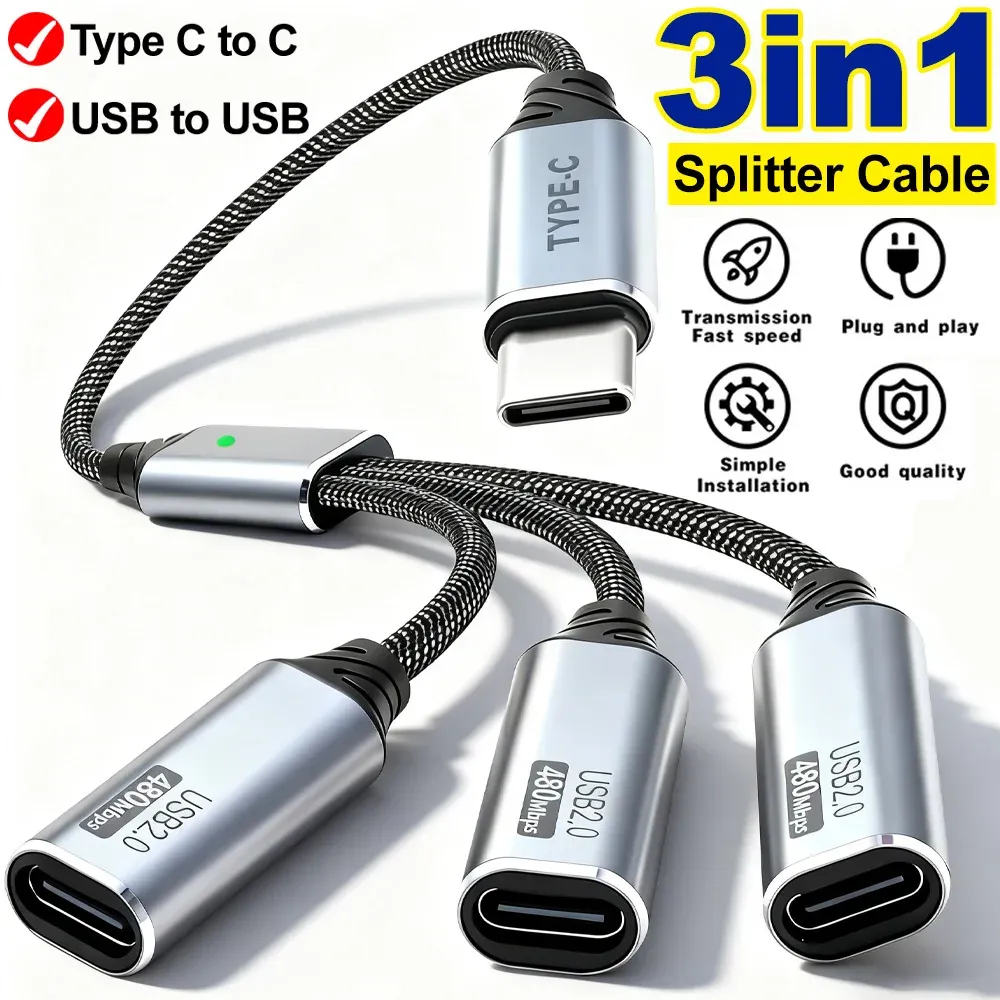 Câble séparateur USB-A / USB-C 3 en 1, adaptateur multiport mâle/femelle avec charge et transfert de données 480 Mbps