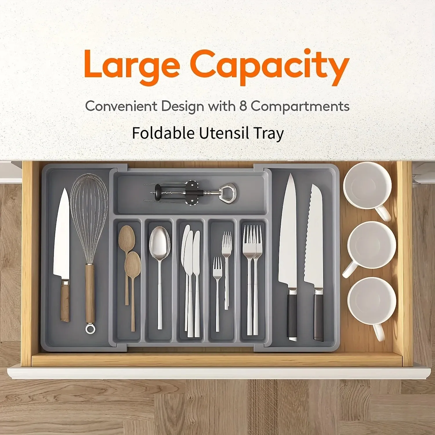 Organisateur de tiroir à couverts en plastique réglable et amélioré, plateau de rangement modulable, range-couverts gain de place pour couteaux, cuillères et vaisselle de cuisine 2