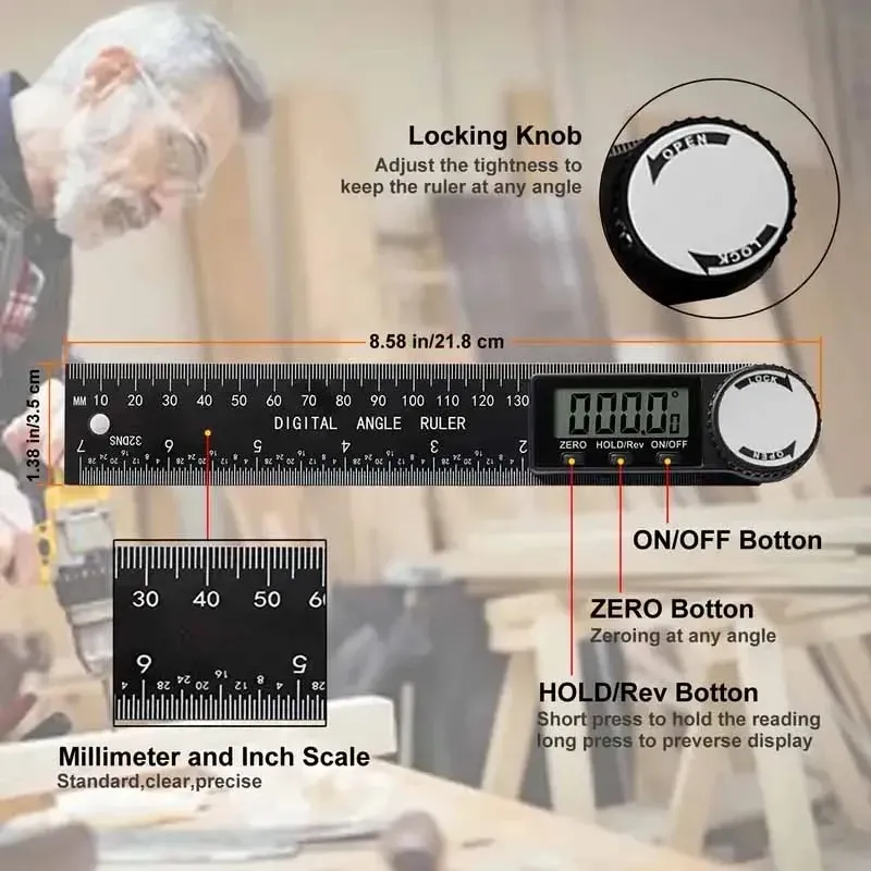 HOMEFISH Détecteur d'angle numérique 2 en 1 (1 pièce), à échelle intégrée, compatible avec les outils de mesure pour le travail du bois, haute précision, outil multifonction 3