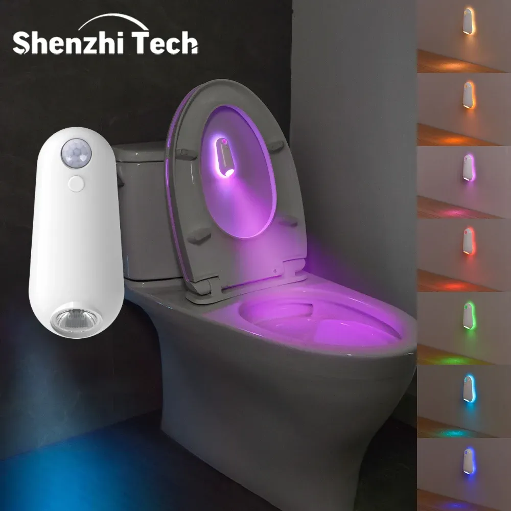 Veilleuse LED à détecteur de mouvement pour siège de toilette, lampe USB rechargeable 8 couleurs