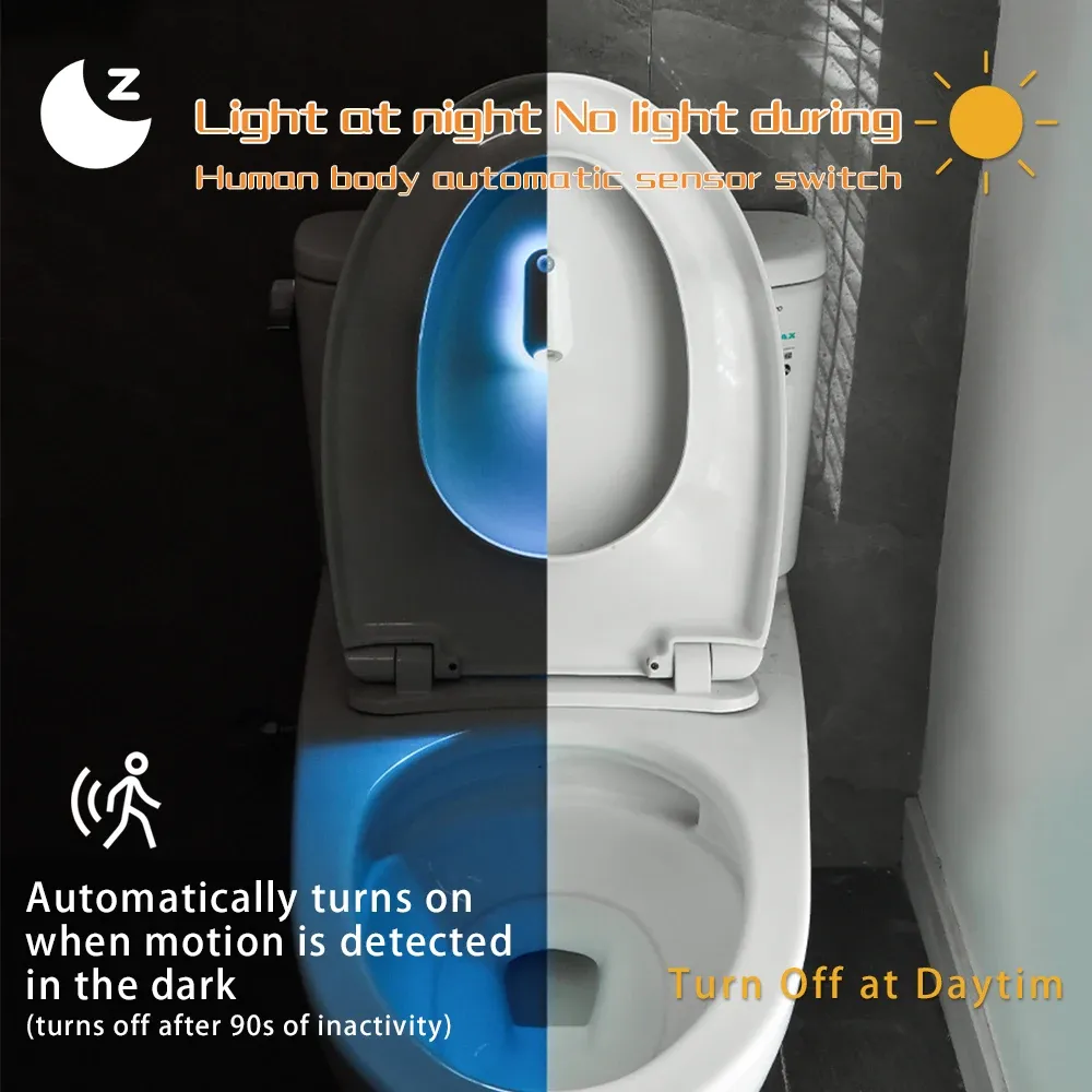 Veilleuse LED à détecteur de mouvement pour siège de toilette, lampe USB rechargeable 8 couleurs 4