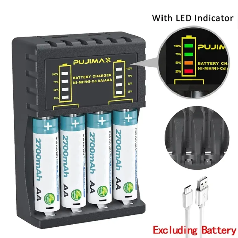 Chargeur de piles AA/AAA à 4 emplacements avec affichage LED intelligent, port USB-C, compatible Ni-MH et Ni-Cd - Image 1