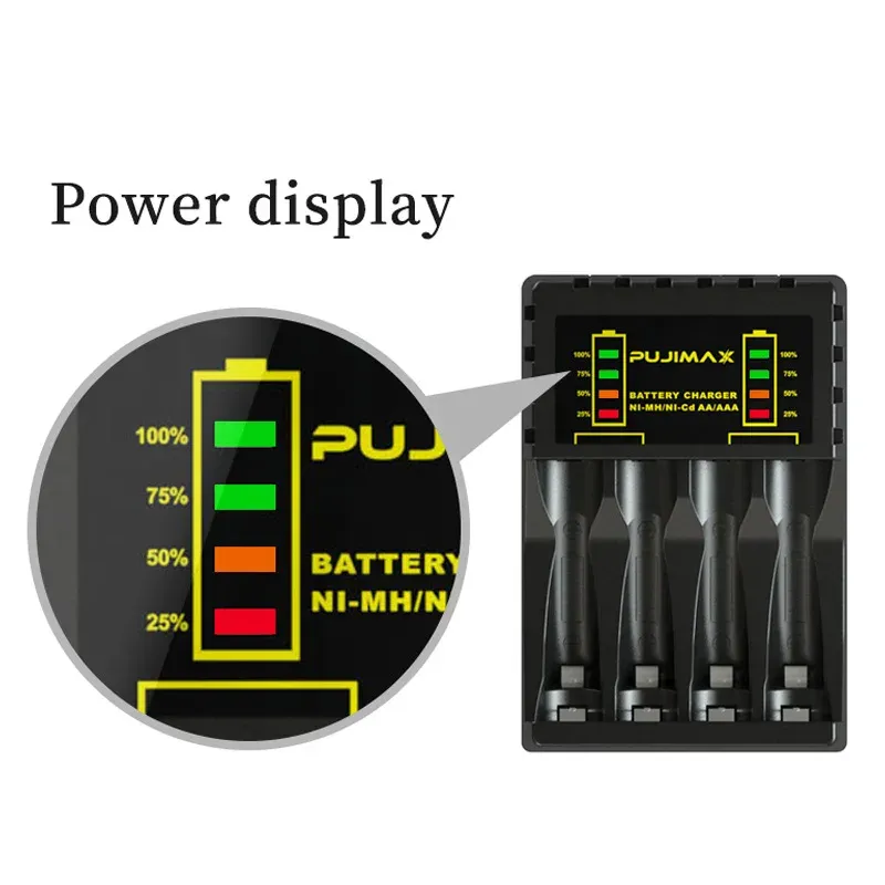 Chargeur de piles AA/AAA à 4 emplacements avec affichage LED intelligent, port USB-C, compatible Ni-MH et Ni-Cd 2