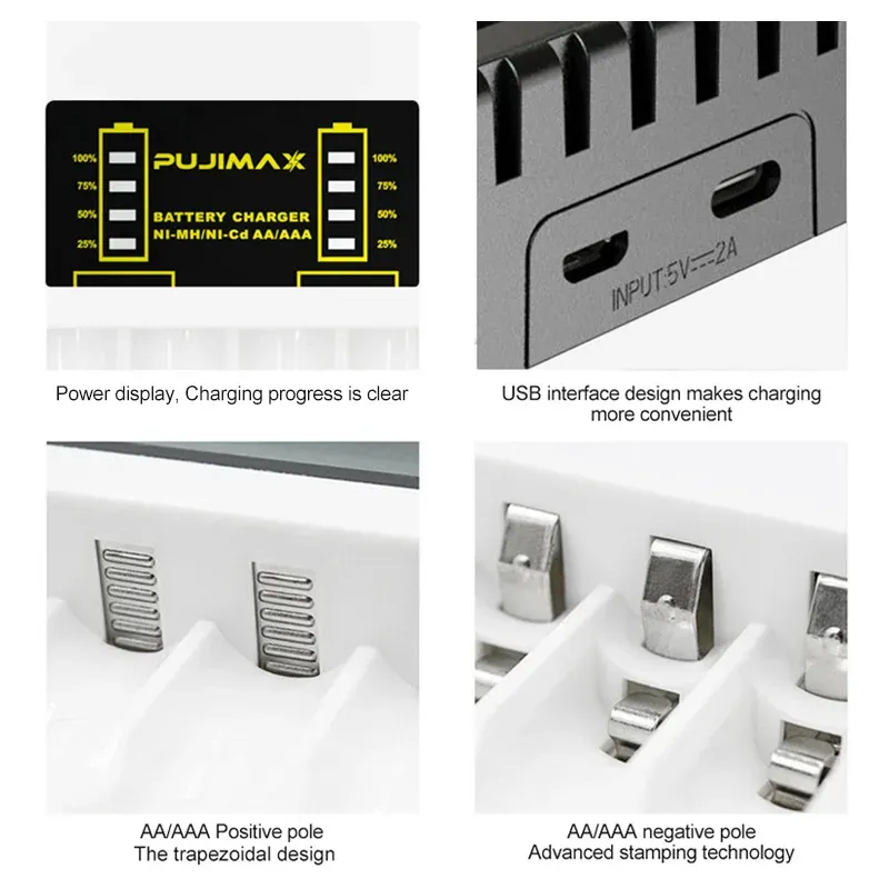 Chargeur de piles AA/AAA à 4 emplacements avec affichage LED intelligent, port USB-C, compatible Ni-MH et Ni-Cd 4