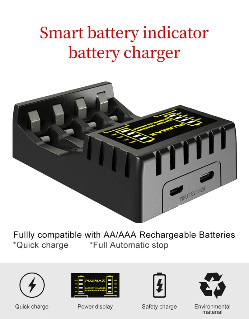 Chargeur de batterie intelligent AA/AAA avec affichage LED