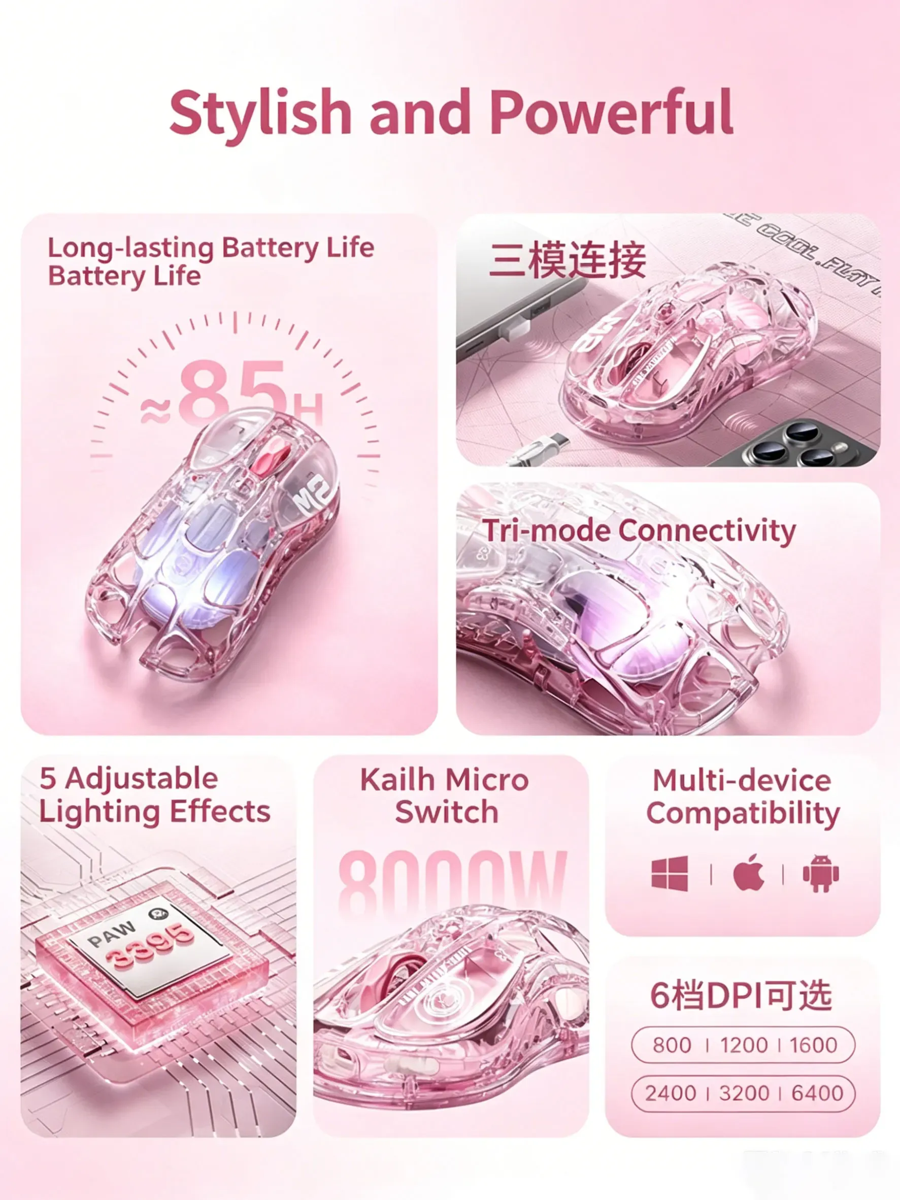 Souris de jeu sans fil GravaStar Mercury M2 Rose Cristal, autonomie 85 h, 3 modes de connexion, format adapté aux petites mains 3