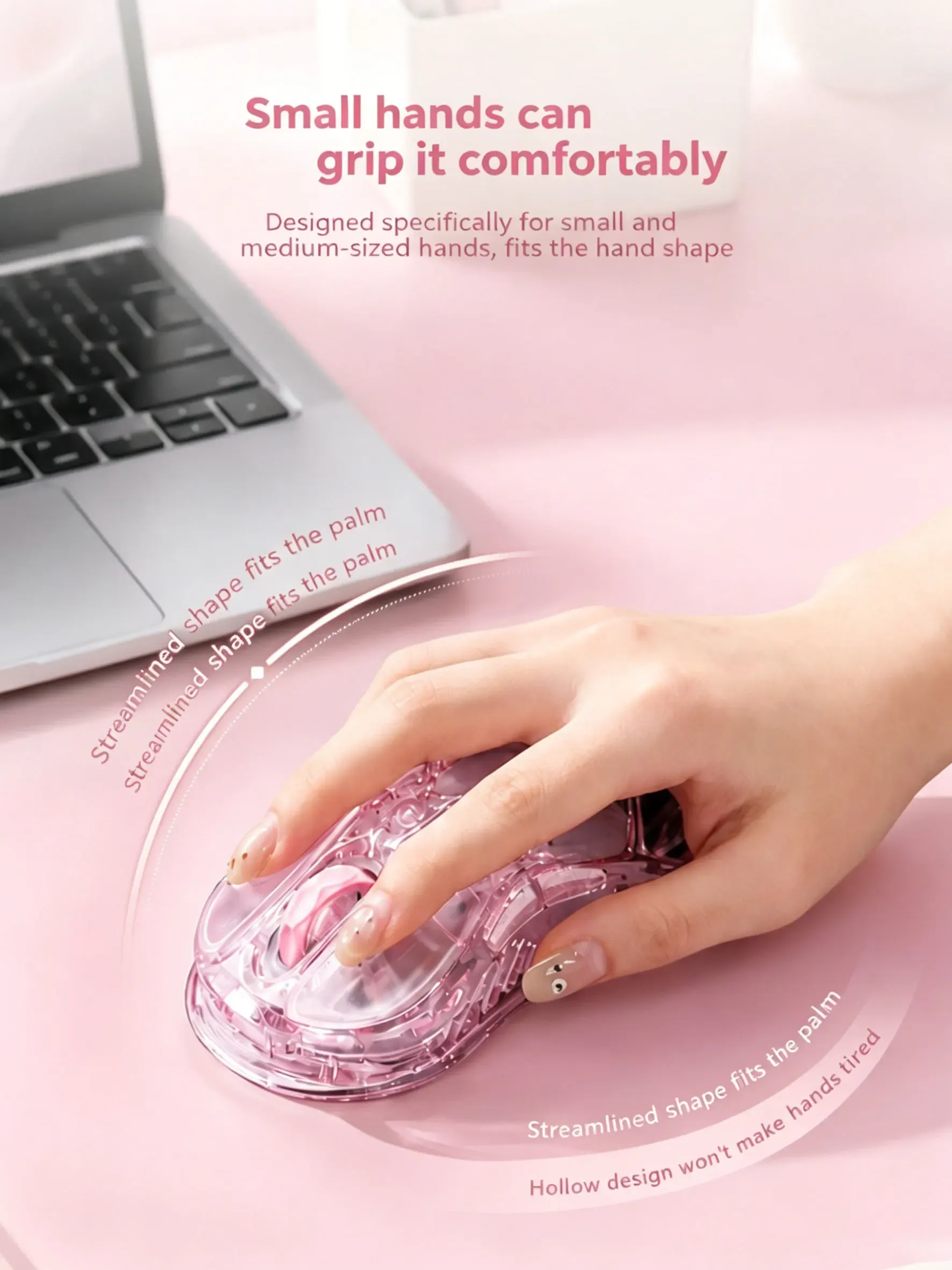 Souris de jeu sans fil GravaStar Mercury M2 Rose Cristal, autonomie 85 h, 3 modes de connexion, format adapté aux petites mains 5
