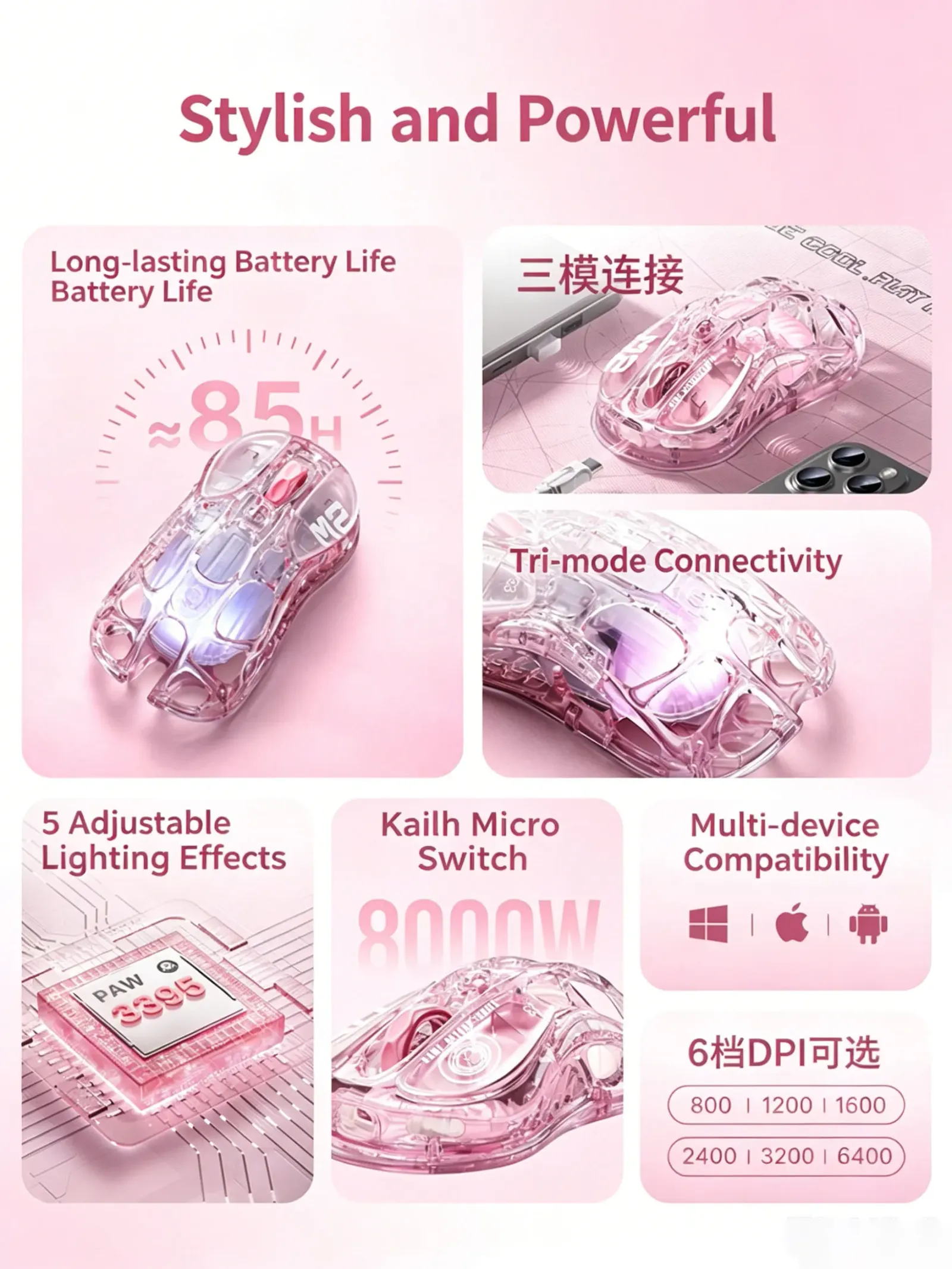 Souris M2 rose cristal, vue de dessus