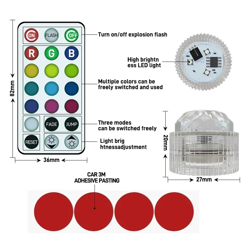 Lumière d'ambiance LED sans fil et autocollante pour habitacle de voiture, avec télécommande 6