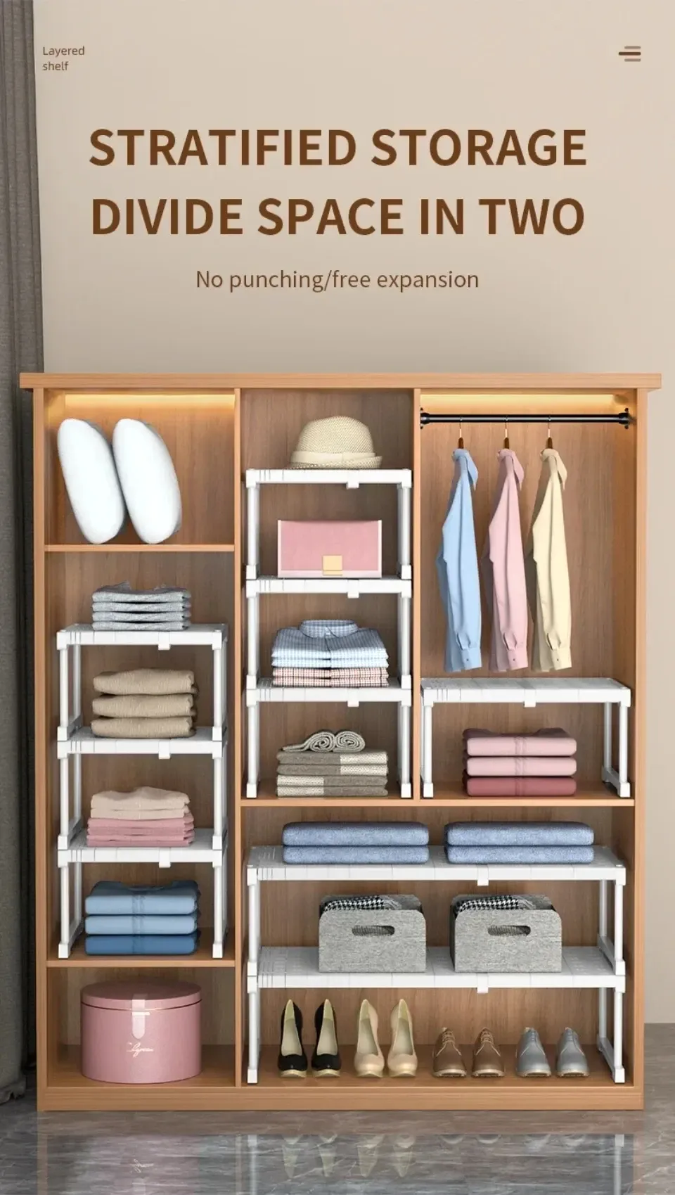 Étagères empilables pour vêtements, vue d'ensemble