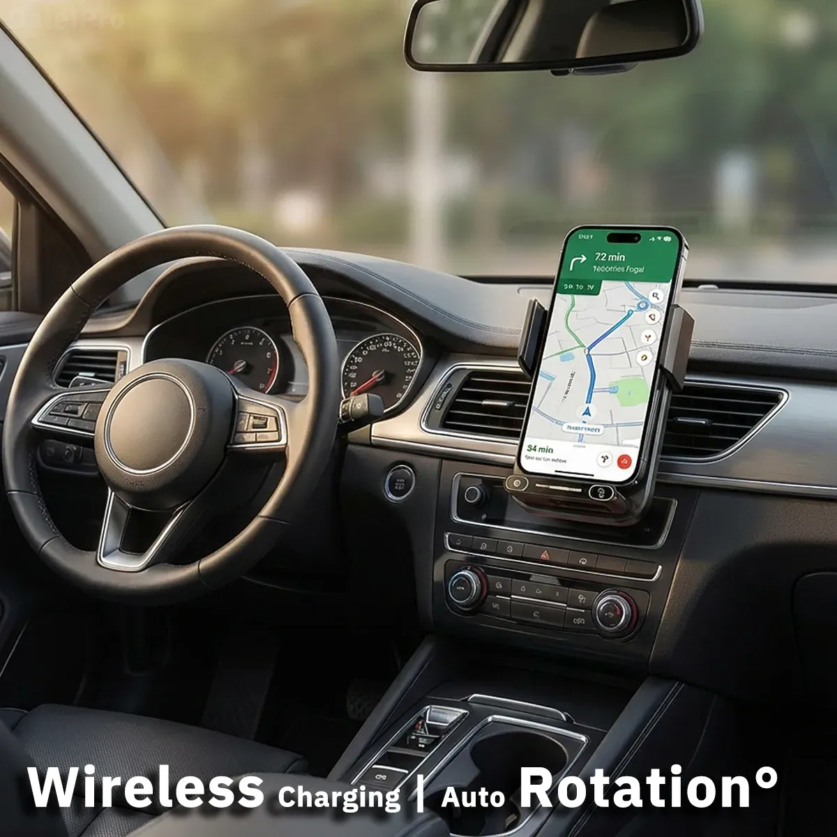 Support de téléphone pour voiture avec chargeur sans fil 15 W et chargeur filaire, détection automatique, ouverture et rotation en une touche, certifié Qi, FCC, RoHS 3