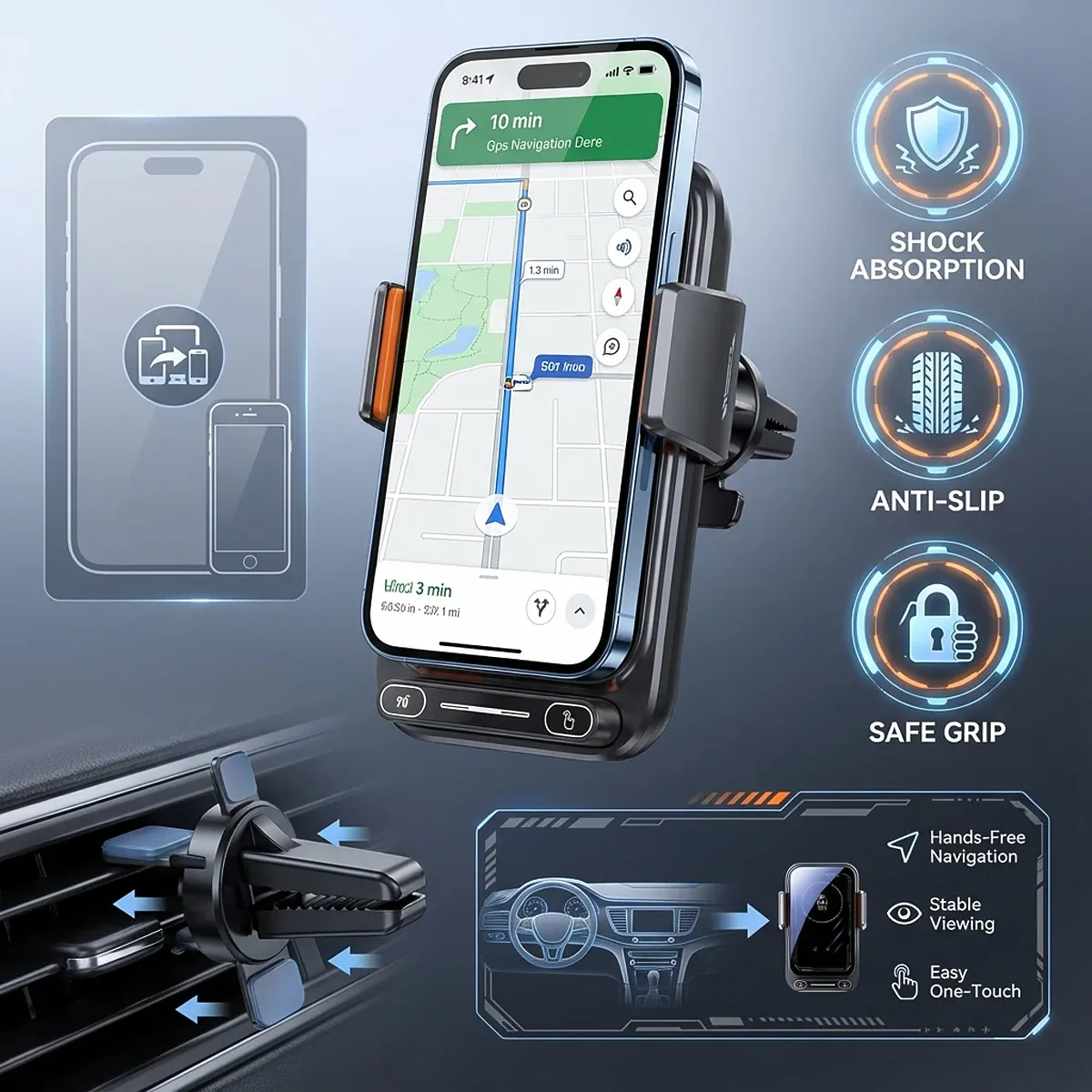 Support de téléphone pour voiture avec chargeur sans fil 15 W et chargeur filaire, détection automatique, ouverture et rotation en une touche, certifié Qi, FCC, RoHS 5
