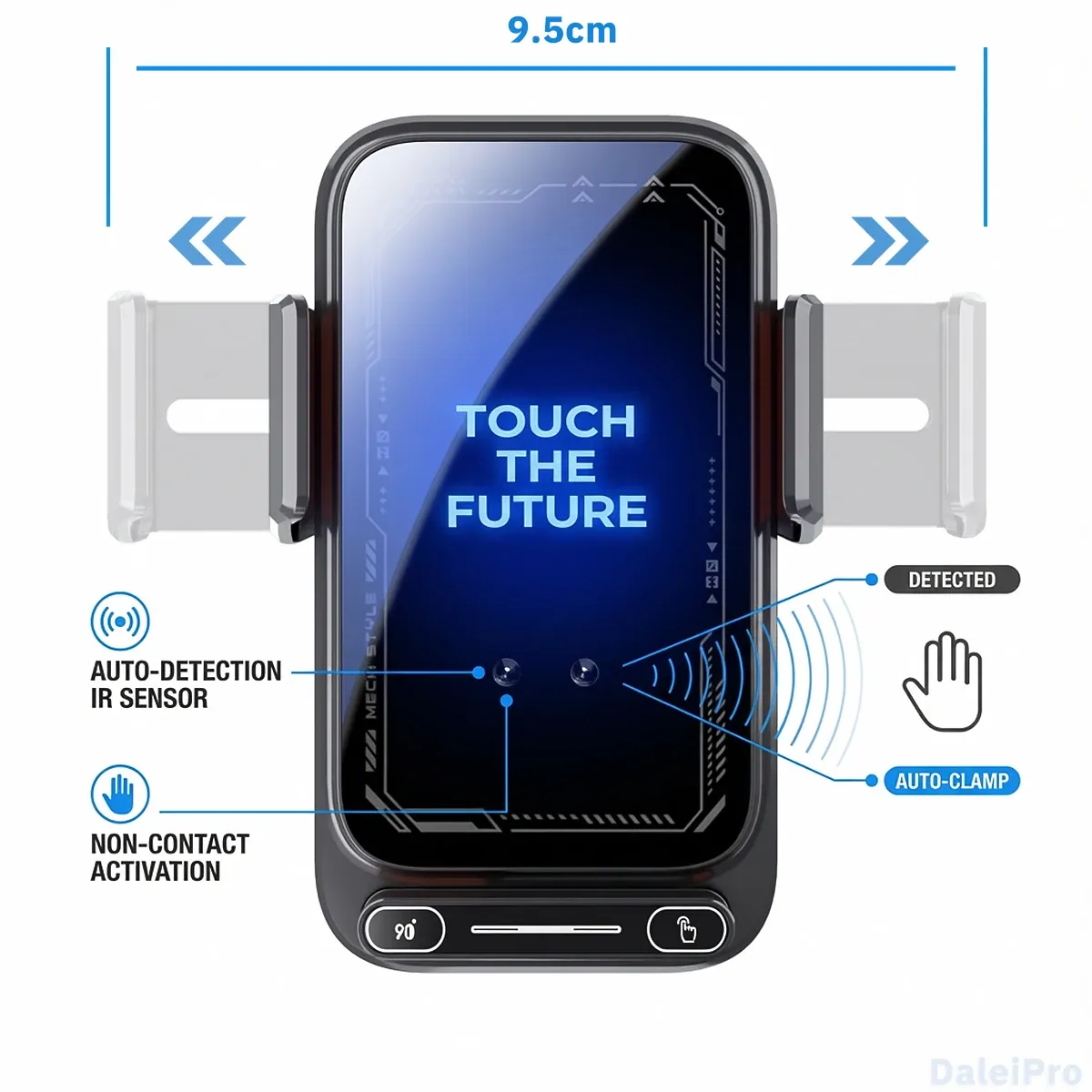 Support de téléphone pour voiture avec chargeur sans fil 15 W et chargeur filaire, détection automatique, ouverture et rotation en une touche, certifié Qi, FCC, RoHS 6