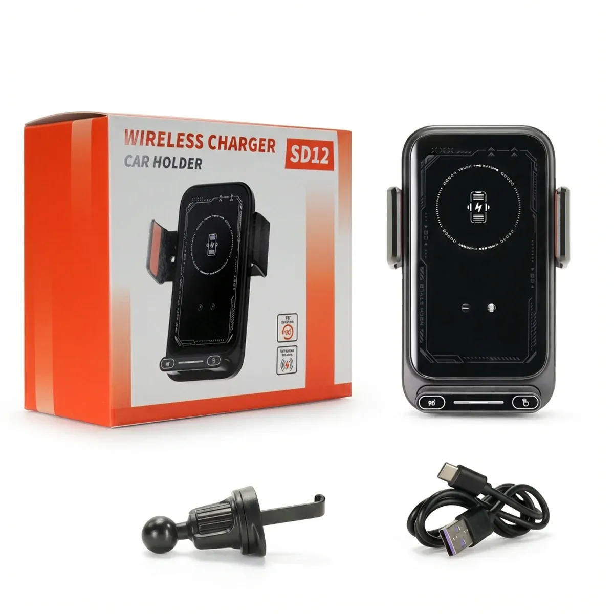 Support de téléphone pour voiture avec chargeur sans fil 15 W et chargeur filaire, détection automatique, ouverture et rotation en une touche, certifié Qi, FCC, RoHS 7