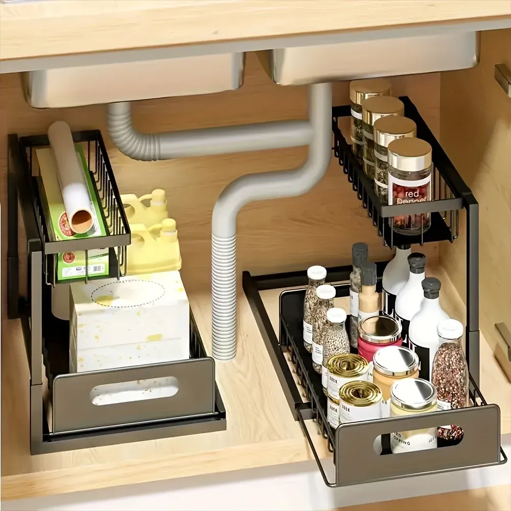 Étagère de rangement coulissante multifonctionnelle à 2 niveaux pour cuisine et salle de bain 3