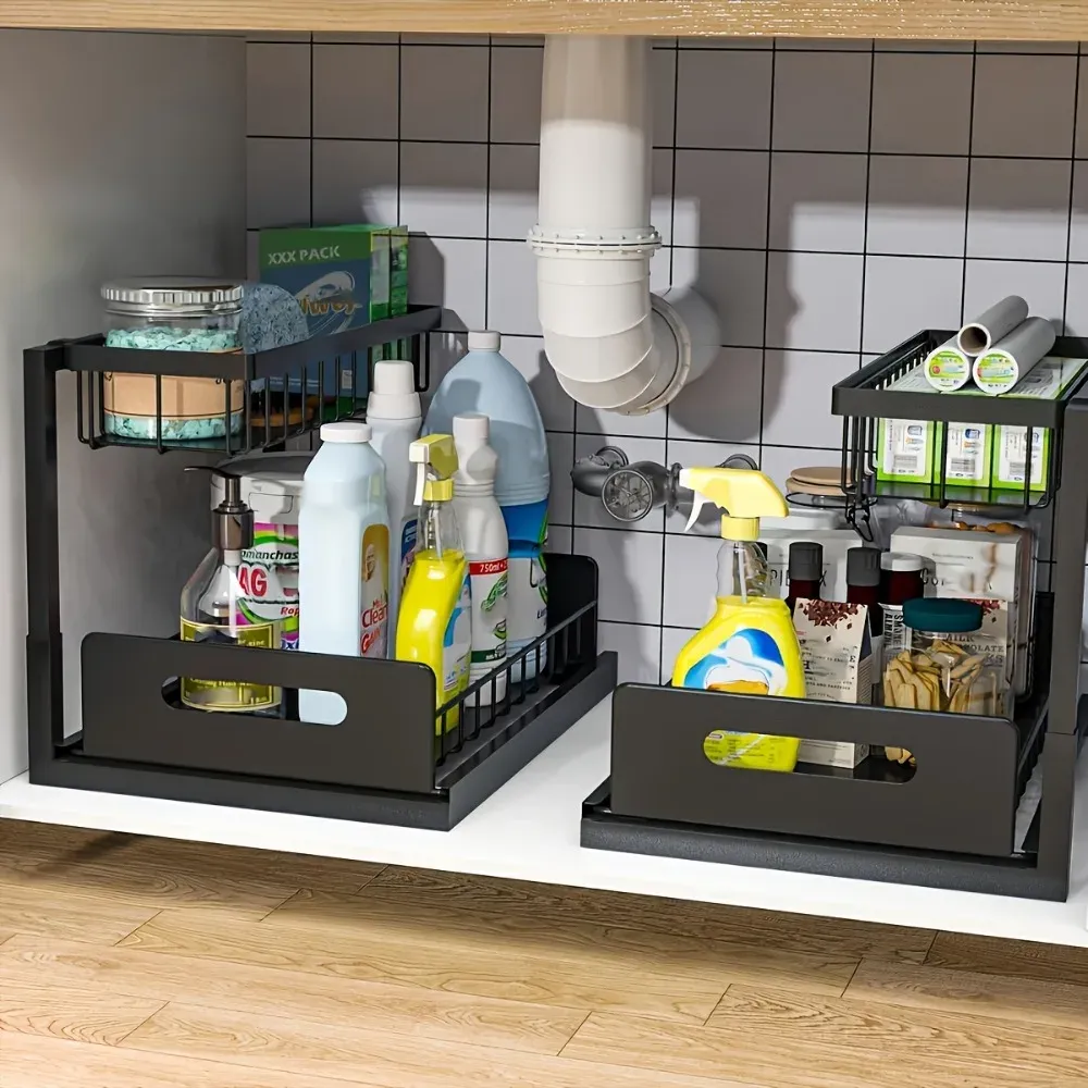 Étagère de rangement coulissante multifonctionnelle à 2 niveaux pour cuisine et salle de bain