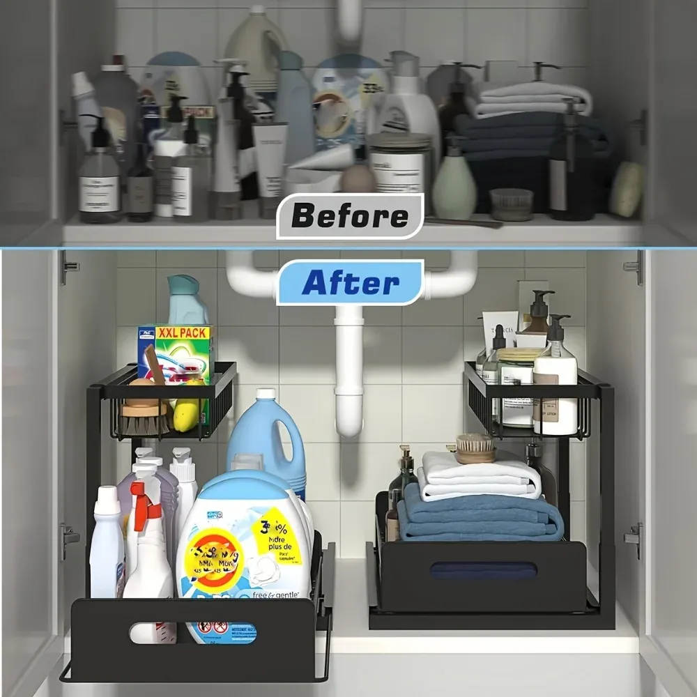 Étagère de rangement coulissante multifonctionnelle à 2 niveaux pour cuisine et salle de bain 4