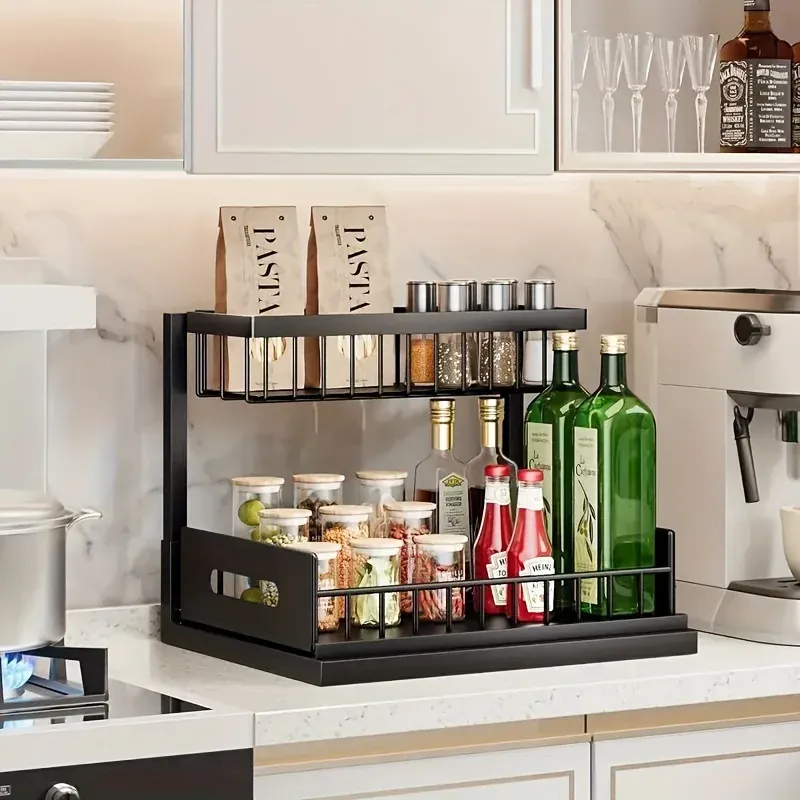 Étagère de rangement coulissante multifonctionnelle à 2 niveaux pour cuisine et salle de bain 7