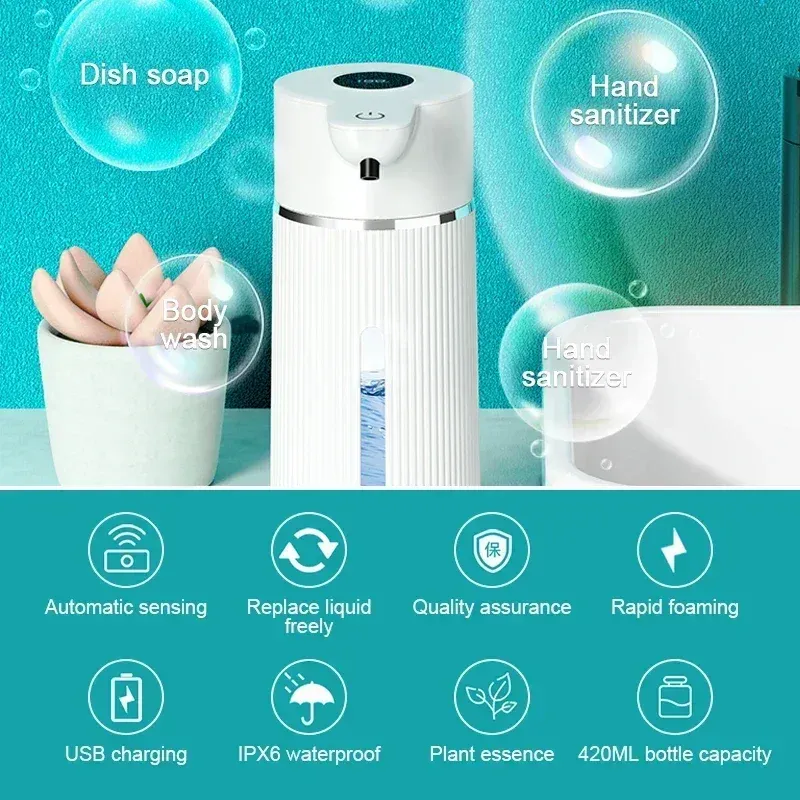 Distributeur automatique de savon intelligent à grande capacité de 420 ml, pompe électrique murale pour savon en mousse ou liquide, pour le lavage des mains et de la vaisselle 2