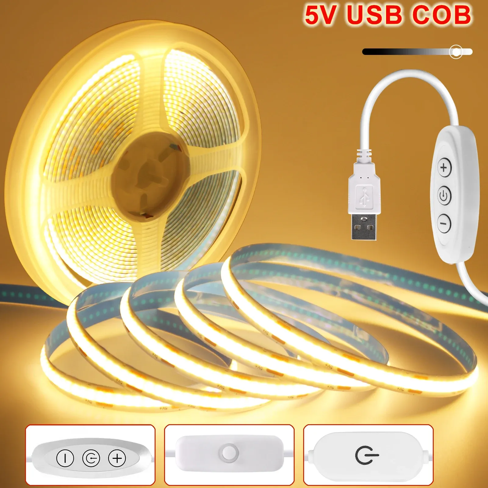 Bande LED COB flexible 5 V avec interrupteur, éclairage linéaire haute densité, adhésif, intensité variable, connexion USB, 320 LED/m