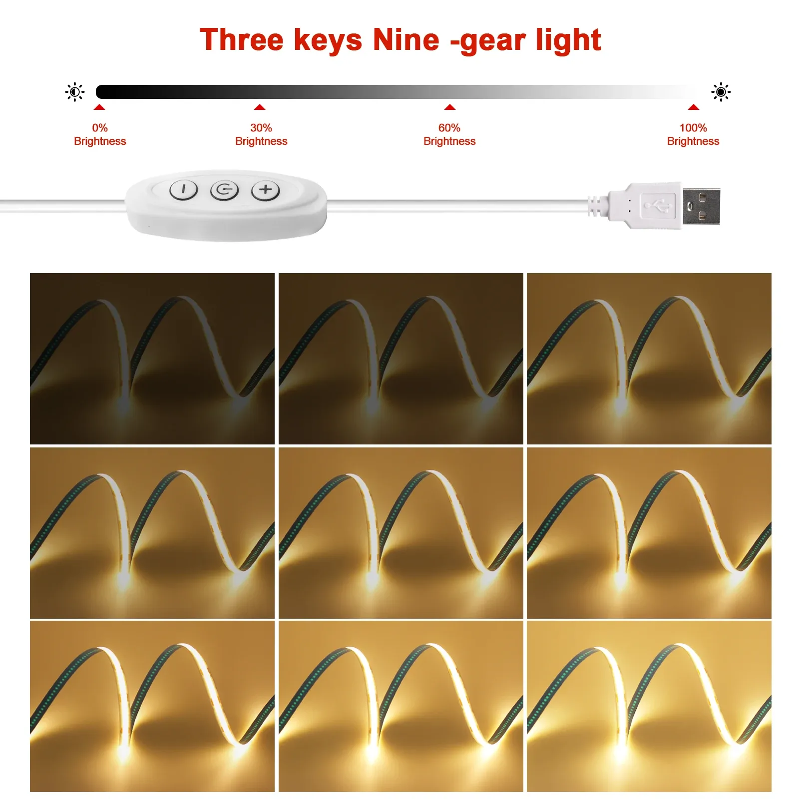 Bande LED COB flexible 5 V avec interrupteur, éclairage linéaire haute densité, adhésif, intensité variable, connexion USB, 320 LED/m 2