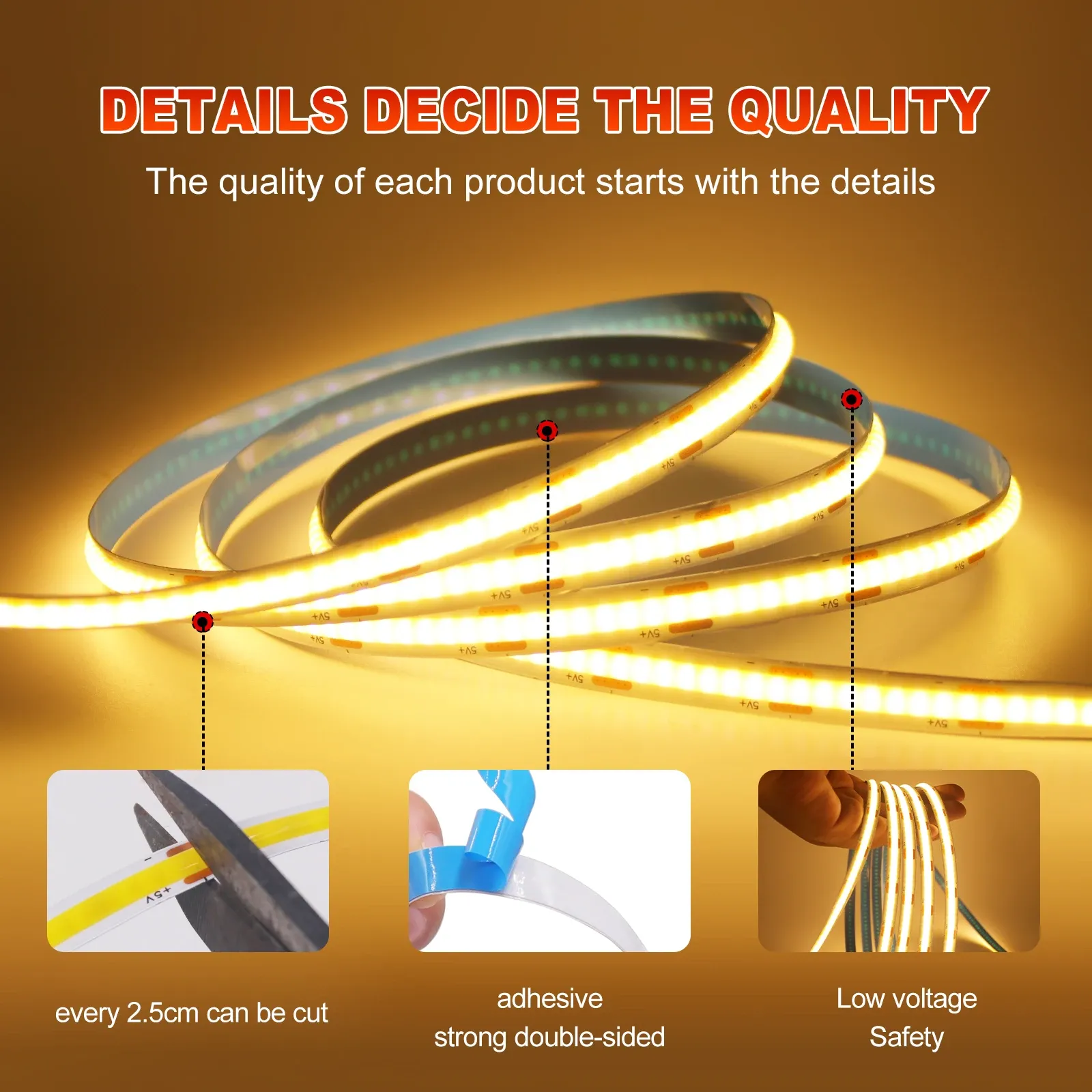Bande LED COB flexible 5 V avec interrupteur, éclairage linéaire haute densité, adhésif, intensité variable, connexion USB, 320 LED/m 3