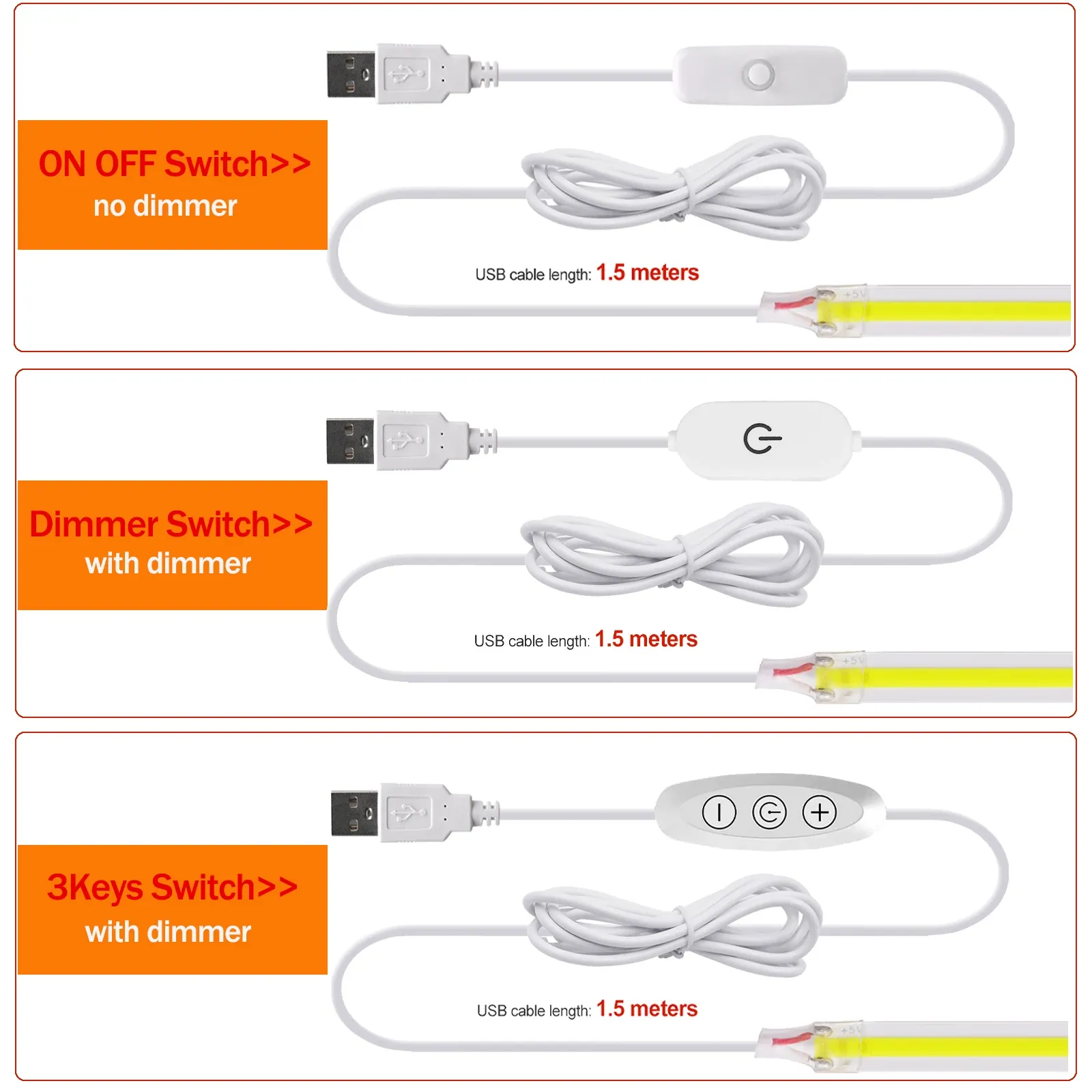 Bande LED COB flexible 5 V avec interrupteur, éclairage linéaire haute densité, adhésif, intensité variable, connexion USB, 320 LED/m 5