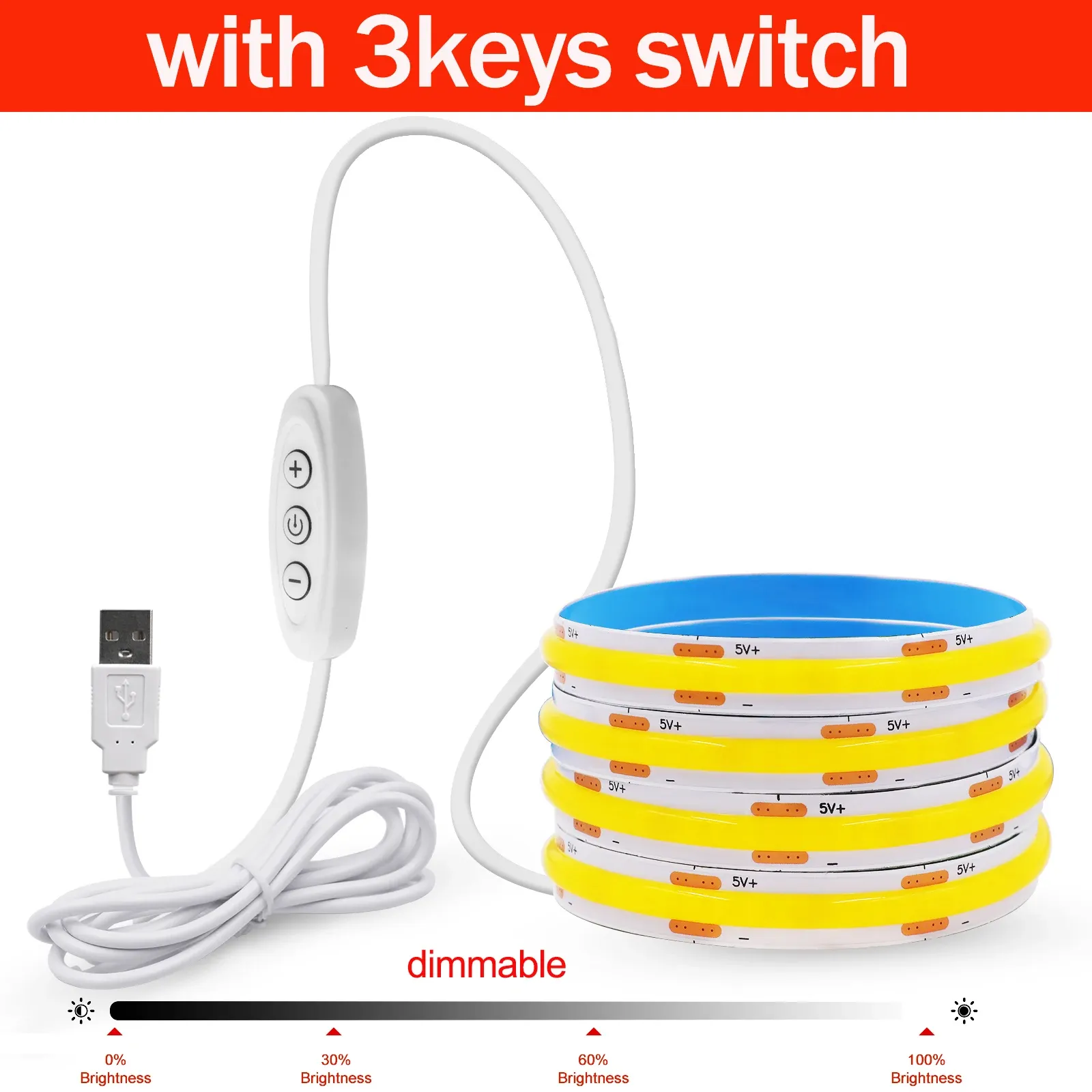 Bande LED COB flexible 5 V avec interrupteur, éclairage linéaire haute densité, adhésif, intensité variable, connexion USB, 320 LED/m 7