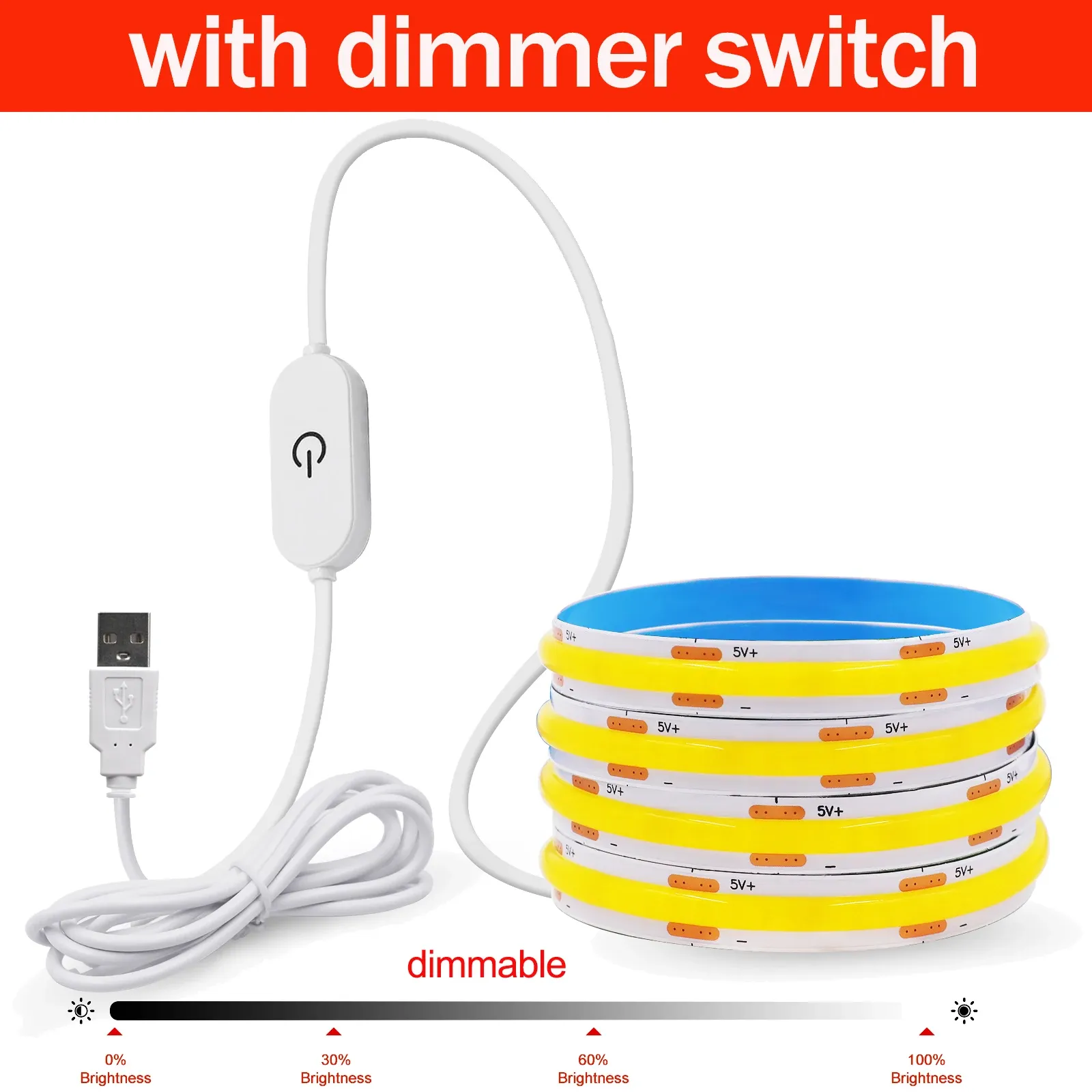 Bande LED COB flexible 5 V avec interrupteur, éclairage linéaire haute densité, adhésif, intensité variable, connexion USB, 320 LED/m 9
