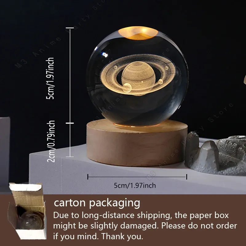 Lampe LED galaxie en cristal 3D, motif Saturne et lune, 5 cm 3
