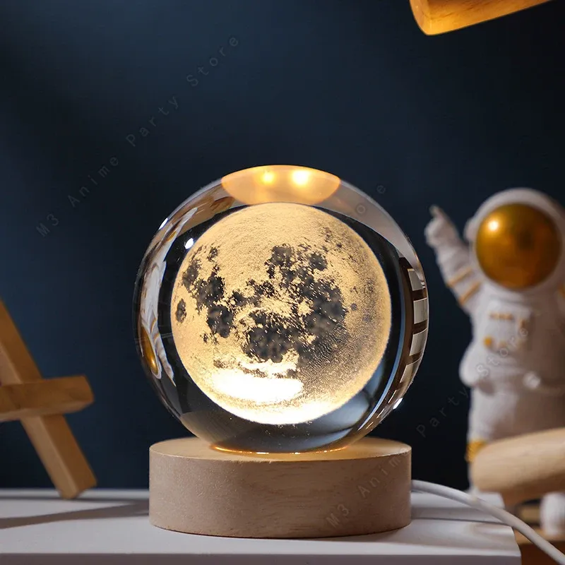 Lampe LED galaxie en cristal 3D, motif Saturne et lune, 5 cm 8