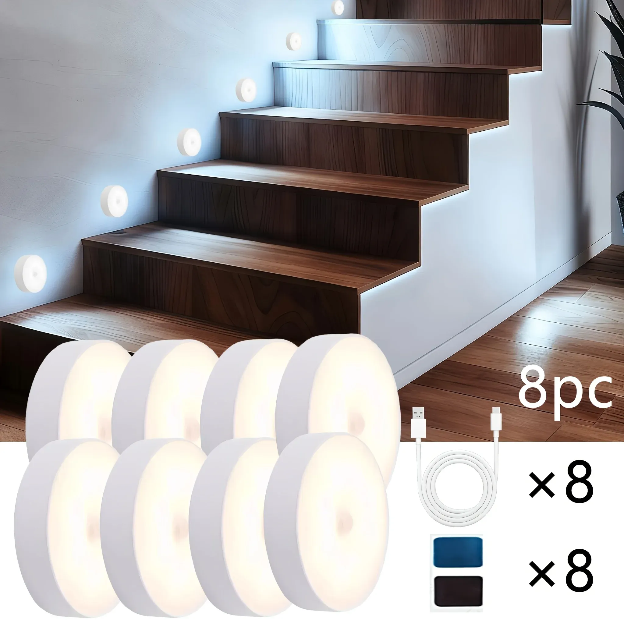 Lampe LED avec détecteur de mouvement rechargeable par USB, idéale pour armoire, garde-robe et escalier, sans fil, lot de 1 à 8 pièces 8