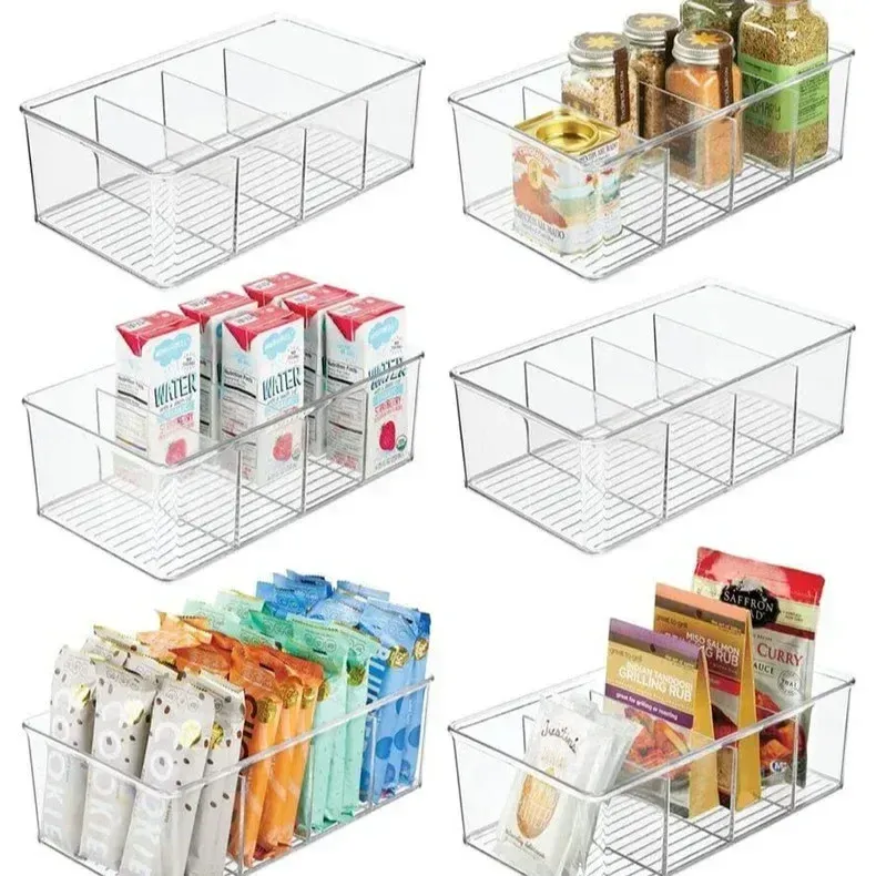 Bac organisateur de réfrigérateur en plastique transparent, rangement alimentaire avec séparateur pour réfrigérateur, congélateur et garde-manger 1