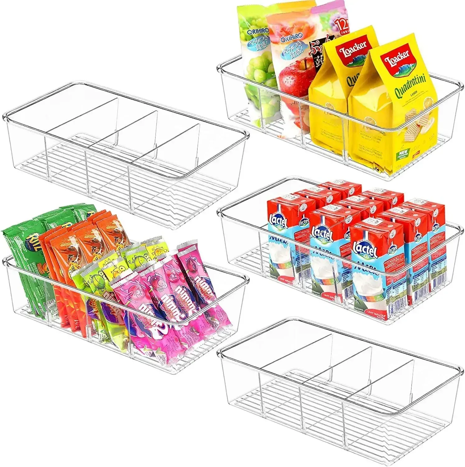 Bac organisateur de réfrigérateur en plastique transparent, rangement alimentaire avec séparateur pour réfrigérateur, congélateur et garde-manger 2