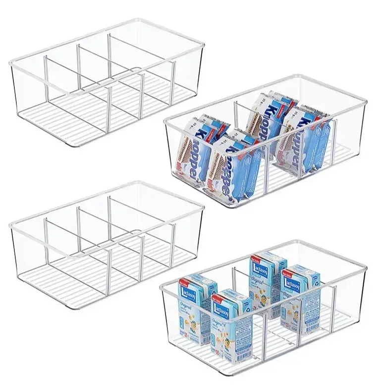 Bac organisateur de réfrigérateur en plastique transparent, rangement alimentaire avec séparateur pour réfrigérateur, congélateur et garde-manger 3