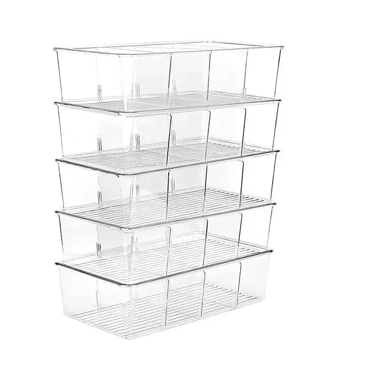 Bac organisateur de réfrigérateur en plastique transparent, rangement alimentaire avec séparateur pour réfrigérateur, congélateur et garde-manger 5